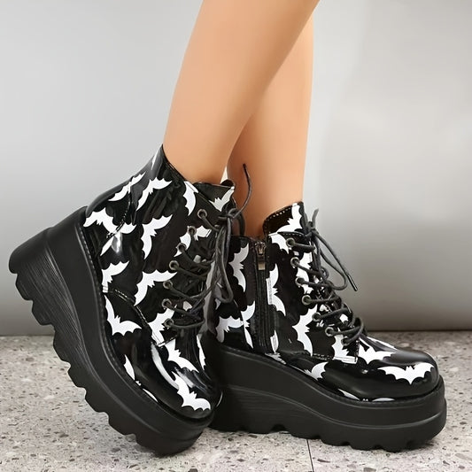 Women's Gothic Punk Chunky platform boots with metal eyelets & zip closure - Gothic rock style round-toe winter boots with thick PU sole, mid-heel lift, and chain-like straps - Heavy-duty synthetic Cover-like material for con