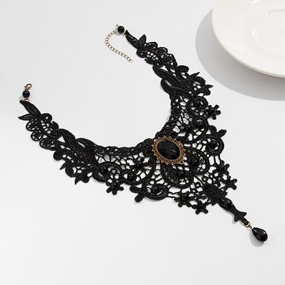 [Gothic Lace Collar Necklace] 1pc Gothic Black Lace Collar Necklace | Spider Web Design with Artificial Crystal & Black Beads - Chunky Statement Piece for Halloween Parties, Gothic Events, All-Season Wear, Intricate Lacework,