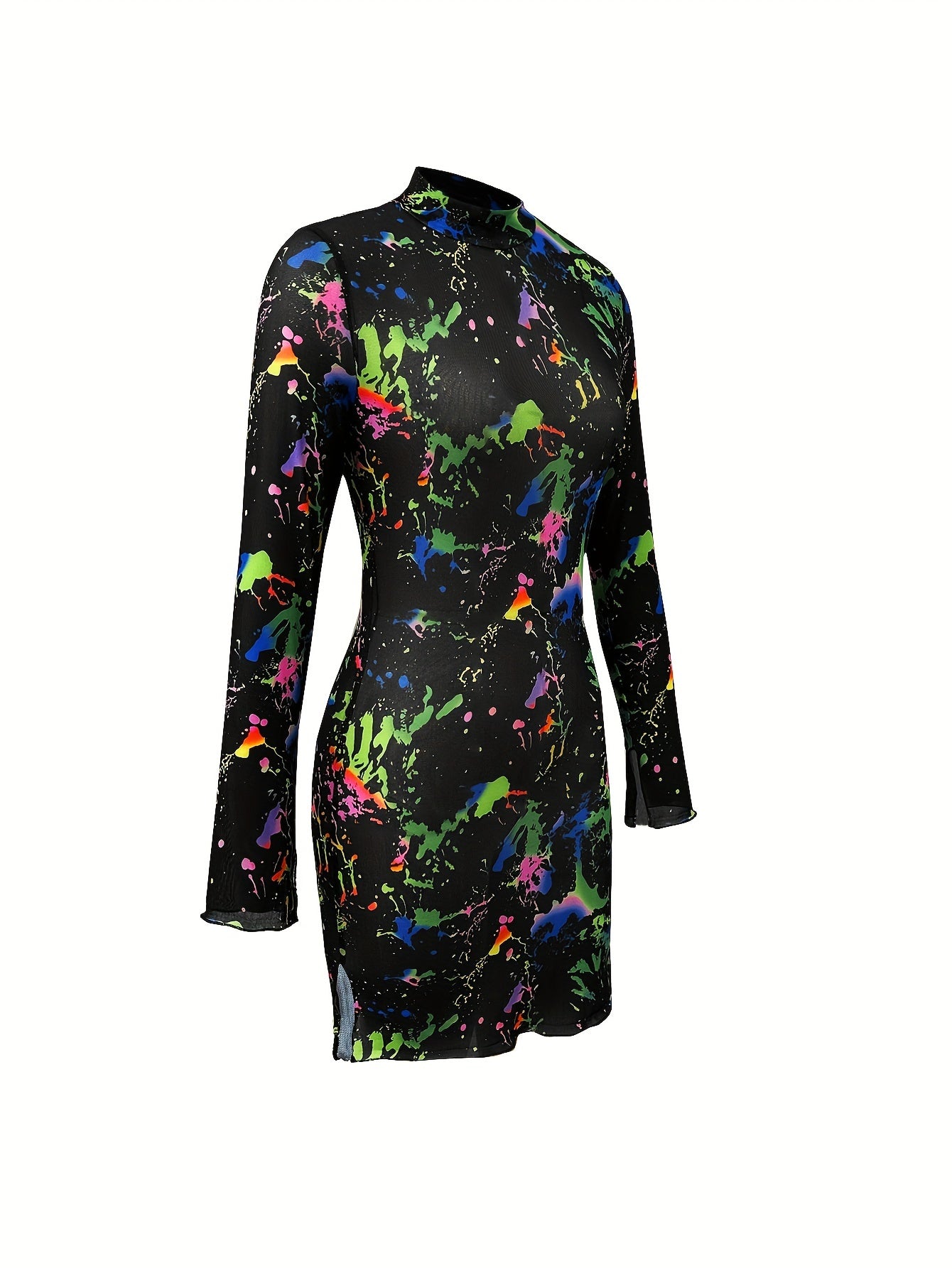 Women's Sexy Semi-Sheer Mesh Long Sleeve Dress - Colorful Paint Splatter Print, High Elasticity Bodycon Fit with Side Slit, Machine Washable All-Season Party & Casual Outfit, Evening Wear
