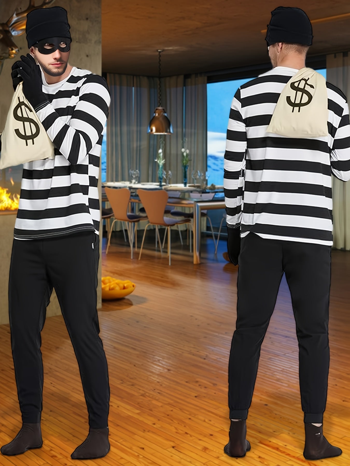 [Strong Criminal Clothing Set] 6pcs Set of Strong Criminal Clothing | Neutered Thief Cosplay Black And White Striped Long-Sleeved T-Shirt, Beanbag Hat, Gloves, Mask, Halloween Money Bag, Transformed Criminal Clothing, Men's P