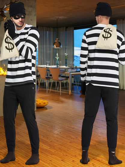[Strong Criminal Clothing Set] 6pcs Set of Strong Criminal Clothing | Neutered Thief Cosplay Black And White Striped Long-Sleeved T-Shirt, Beanbag Hat, Gloves, Mask, Halloween Money Bag, Transformed Criminal Clothing, Men's P