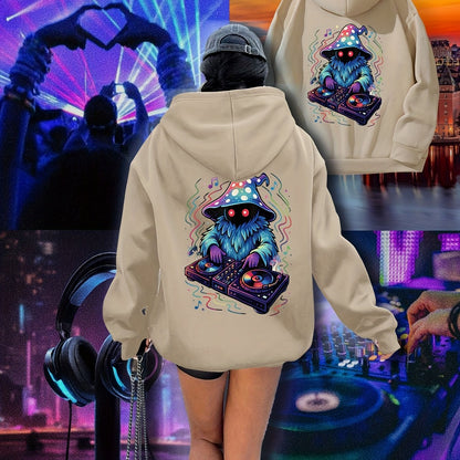 Women's Neon DJ Graphic Hoodie - Music Festival Sweatshirt with Back Print, Pullover Hooded Sweatshirt for Raves, Concerts, Winter Parties - Machine Washable Cold Weather Clothing, Comfortable Drawstring Hood, Rave Outfit, St