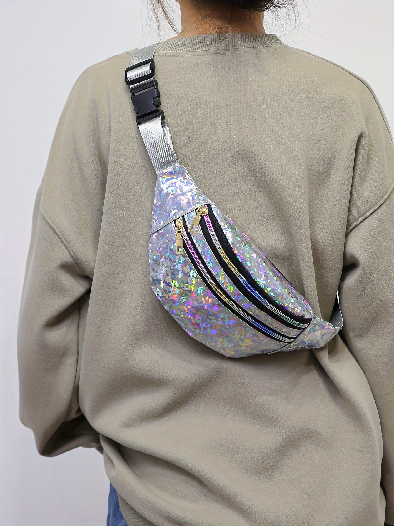 Holographic Sequin Waist Bag for Women - Stylish Crossbody Belt Bag with Adjustable Strap, Zipper Closure, And Glittery Purple, White, And Pink Patterns - Perfect for Outdoor Activities, Travel, And Everyday Fashion, Crossbod