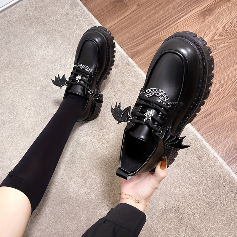 [Goth Bat Wing Flats] Goth Bat Wing Design Women's Stylish Black Lace-Up Flats | Silvery Star Charms & Chain Detail, Thick Rubber Sole, All-Season Comfort, Sweet & Edgy Fashion Statement