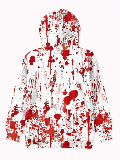 Women'S Halloween Hoodie - Full-Body Blood Splatter Print Pullover Sweatshirt, Red & White Horror Party Outfit, Machine Washable Hooded Sweatshirt for Costume Events & Everyday Gothic Fashion, Halloween Clothes, Casual Wear,