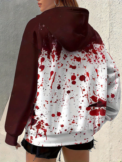 Women's Gothic Horror Jacket - Two-Tone Red Blood Splatter Hooded Zipper Coat, Halloween Costume Outerwear, Machine Washable Party Jacket for Themed Events & Casual Attire, Casual Streetwear, Edgy Fashion, Comfortable Fit, St