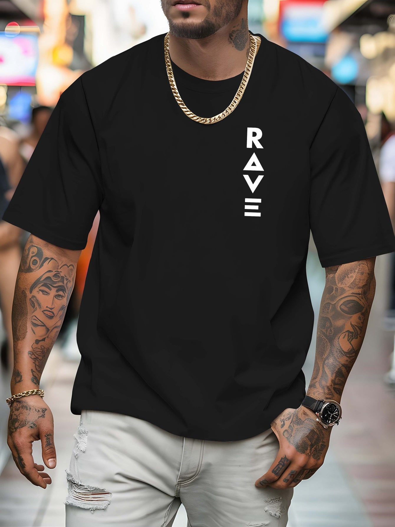 R V Men's Short Sleeve T-Shirt - Vibrant Yellow with Bold RAVE Graphic Print, Breathable Round Neck Casual Top for Summer Beach Resorts & Outdoor Activities