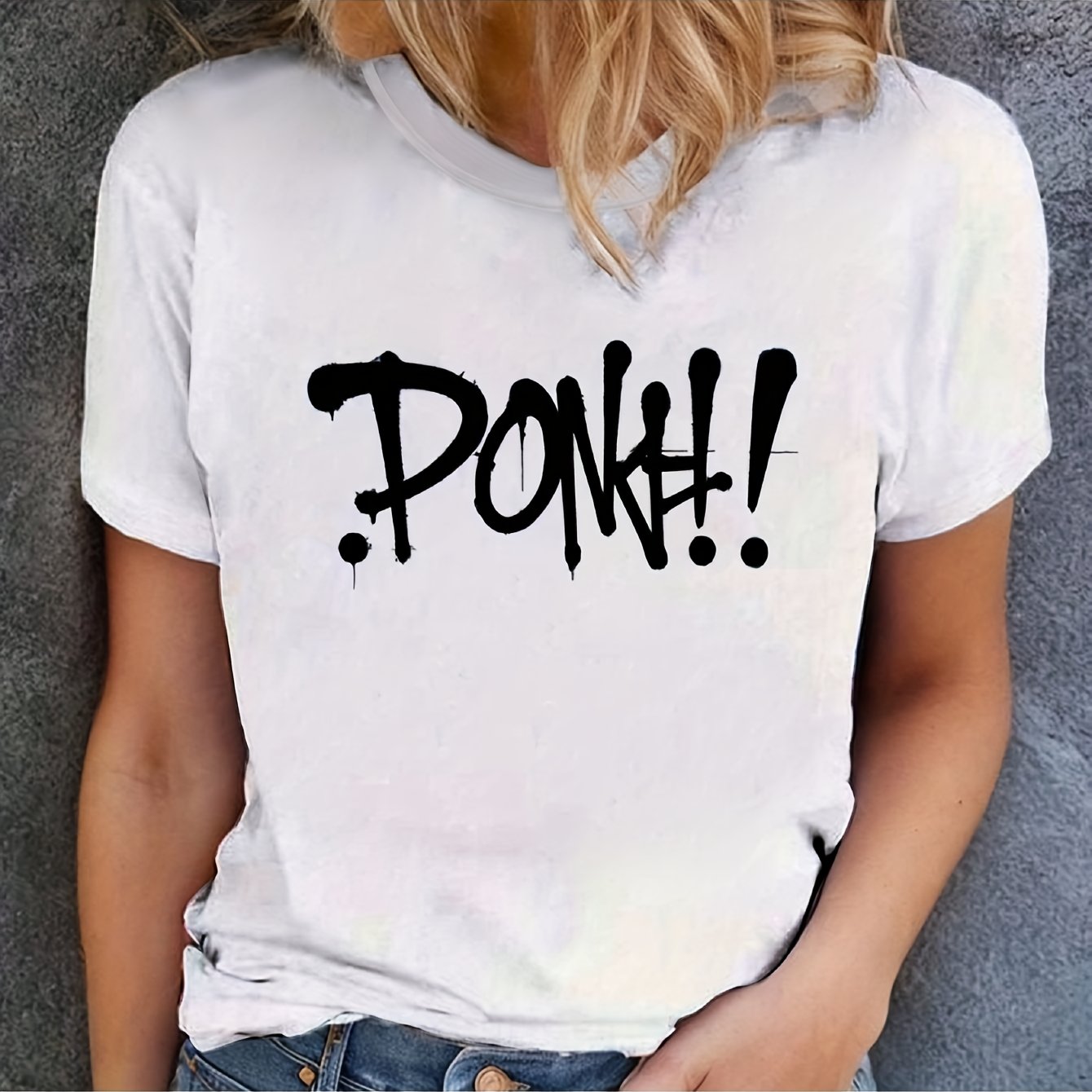 Women's Casual Graphic Print T-Shirt - Short Sleeve Crew Neck, Black with Bold "DONK!" Design, Lightweight & Comfortable for Spring & Summer, Everyday Comfort | Relaxed Fit Tee | Durable Fabric