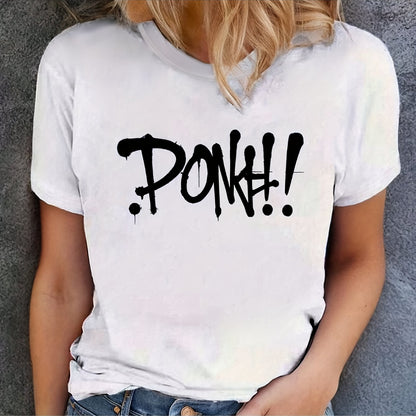 Women's Casual Graphic Print T-Shirt - Short Sleeve Crew Neck, Black with Bold "DONK!" Design, Lightweight & Comfortable for Spring & Summer, Everyday Comfort | Relaxed Fit Tee | Durable Fabric