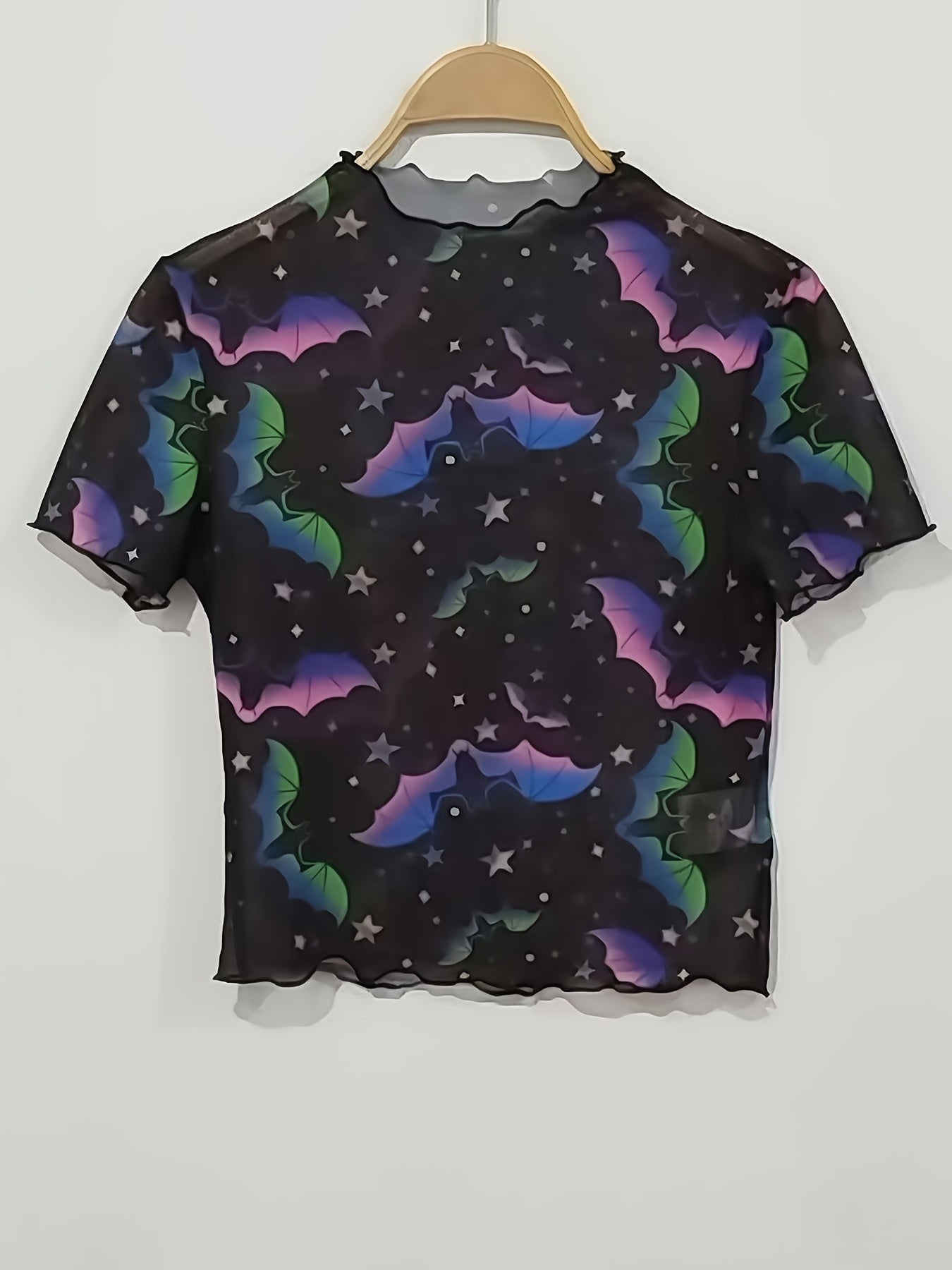 Stylish Bat Print T-Shirt Women's Short Sleeve Round Neck Blouse Spring/Summer New Versatile Women's Tee Sheer Mesh Crop Top No Underwear Included