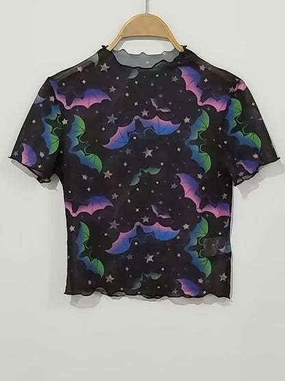 Stylish Bat Print T-Shirt Women's Short Sleeve Round Neck Blouse Spring/Summer New Versatile Women's Tee Sheer Mesh Crop Top No Underwear Included