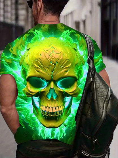 Men'S Plus Size 3D Skull & Flames Graphic T-Shirt - Bold Neon Green & Blue Casual Short Sleeve Tee with Digital Print, Round Neck Regular Fit Summer Top for Edgy Streetwear & Casual Attire, Skull T Shirt, Comfortable Fit, Str