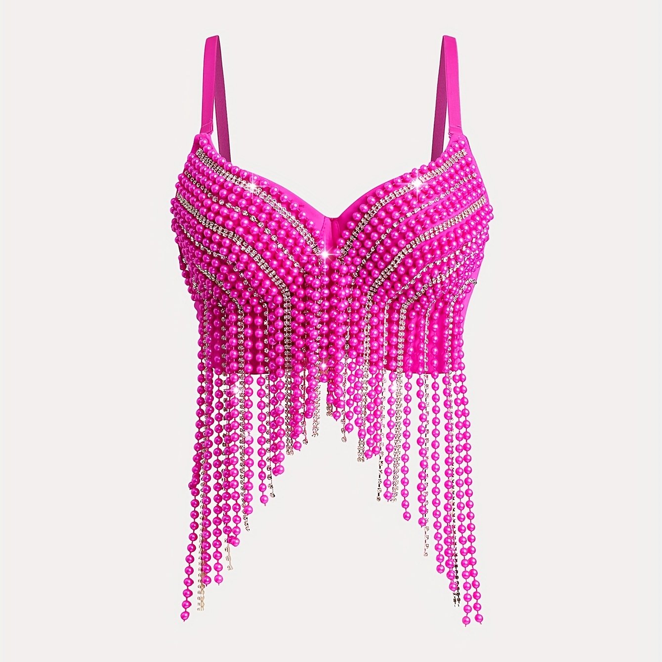 Sexy Fishbone Corset Top with Pearl Embellishments & Tassel Details - Vibrant Pink Stretchy Spaghetti Strap Bustier for Nightclub, Concert, Festival - Versatile All-Season Women's Fashion, Concert Attire, Elegant Style, Styli