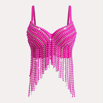 Sexy Fishbone Corset Top with Pearl Embellishments & Tassel Details - Vibrant Pink Stretchy Spaghetti Strap Bustier for Nightclub, Concert, Festival - Versatile All-Season Women's Fashion, Concert Attire, Elegant Style, Styli