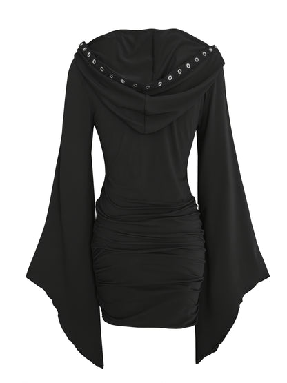 Gothic Women'S Hooded Batwing Sleeve Bodycon Dress with Punk Metal Decorative Hat - V-Neck, Long Sleeve, Knee-Length Halloween Costume for Adults, Black, Halloween Attire | Edgy Fashion | Glossy Finish, Halloween Costumes