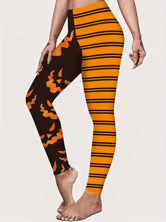 [Halloween Leggings for Women] Halloween Women's Tight-Fitting Leggings | Stretchy Polyester-Spandex Blend, Jack-O'-Lantern & Striped Print, All-Season Machine Washable Casual Pants for Adults