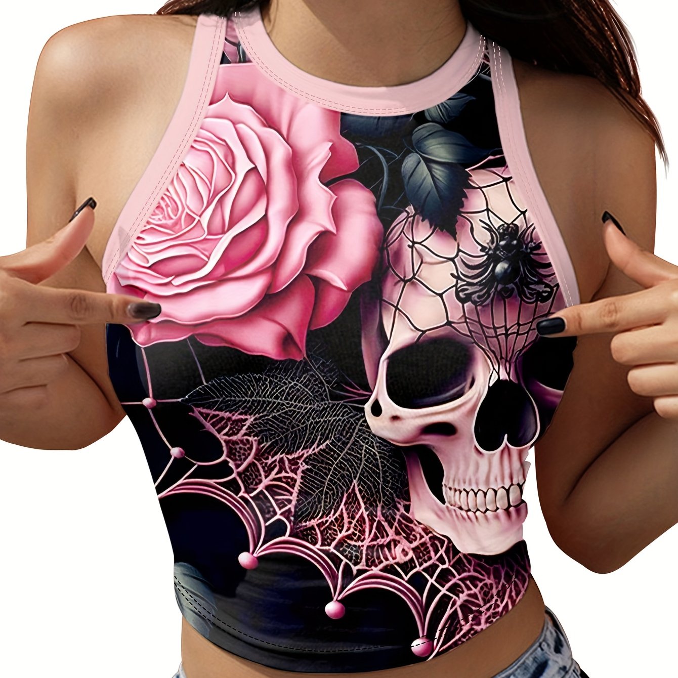 Women's Halloween Skull & Floral Spider Web Print Sexy Crop Top - Stretchy High Elasticity Short Sleeve Round Neck Summer Fashion Top, Machine Washable, Halloween Clothes