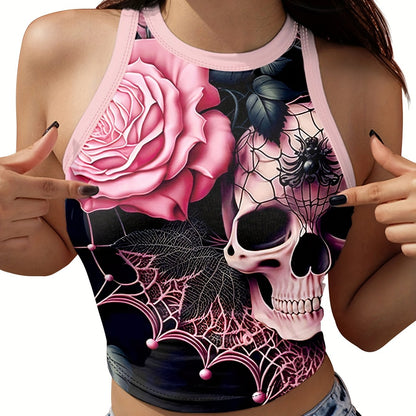 Women's Halloween Skull & Floral Spider Web Print Sexy Crop Top - Stretchy High Elasticity Short Sleeve Round Neck Summer Fashion Top, Machine Washable, Halloween Clothes