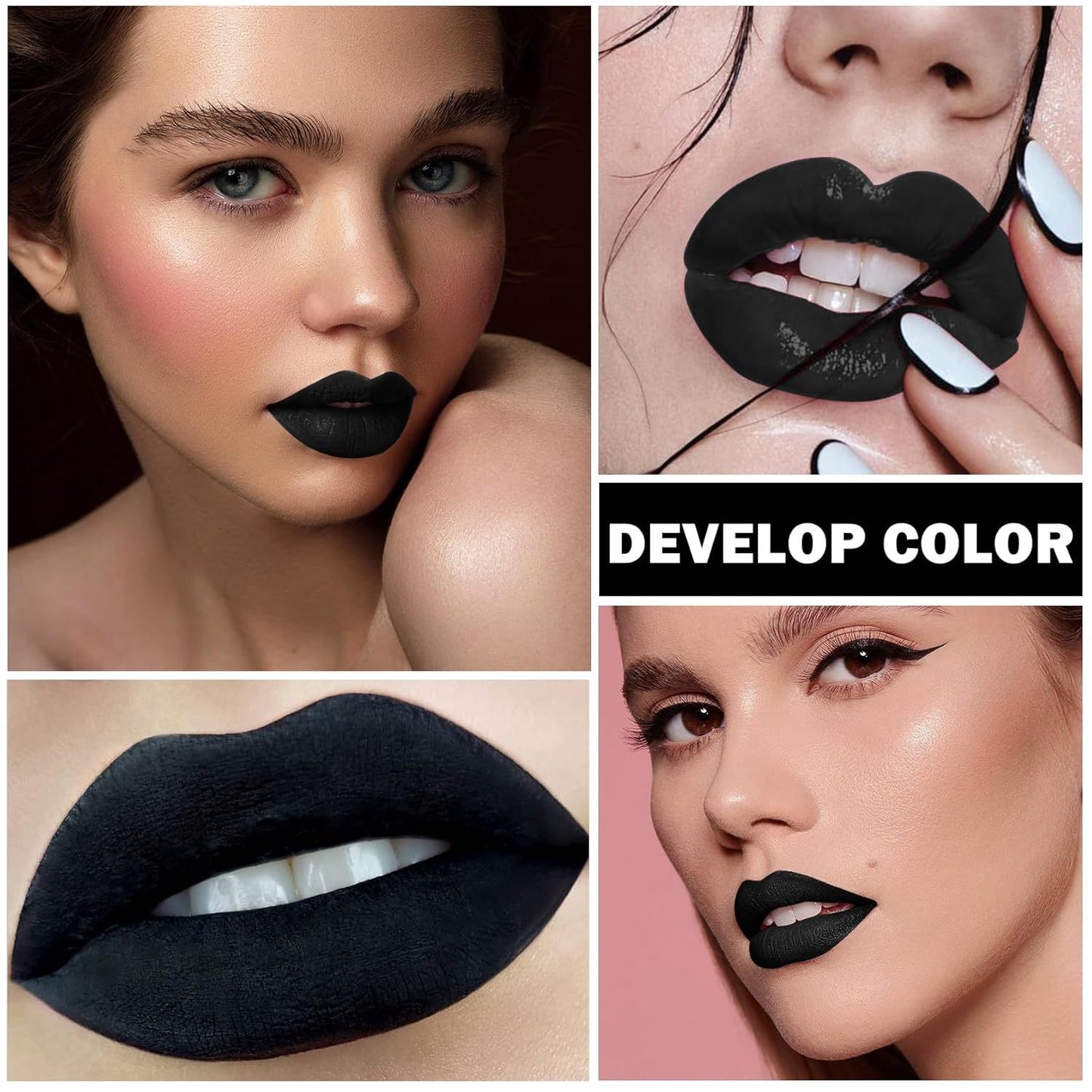 3pcs Black Lip Liner And Lipstick Set Liquid Matte Lipstick Velvet Charming Long-Lasting Waterproof Lip Gloss Makeup Kit for Halloween Goth Face Body Paint Cosplay Party Accessories Dress Up