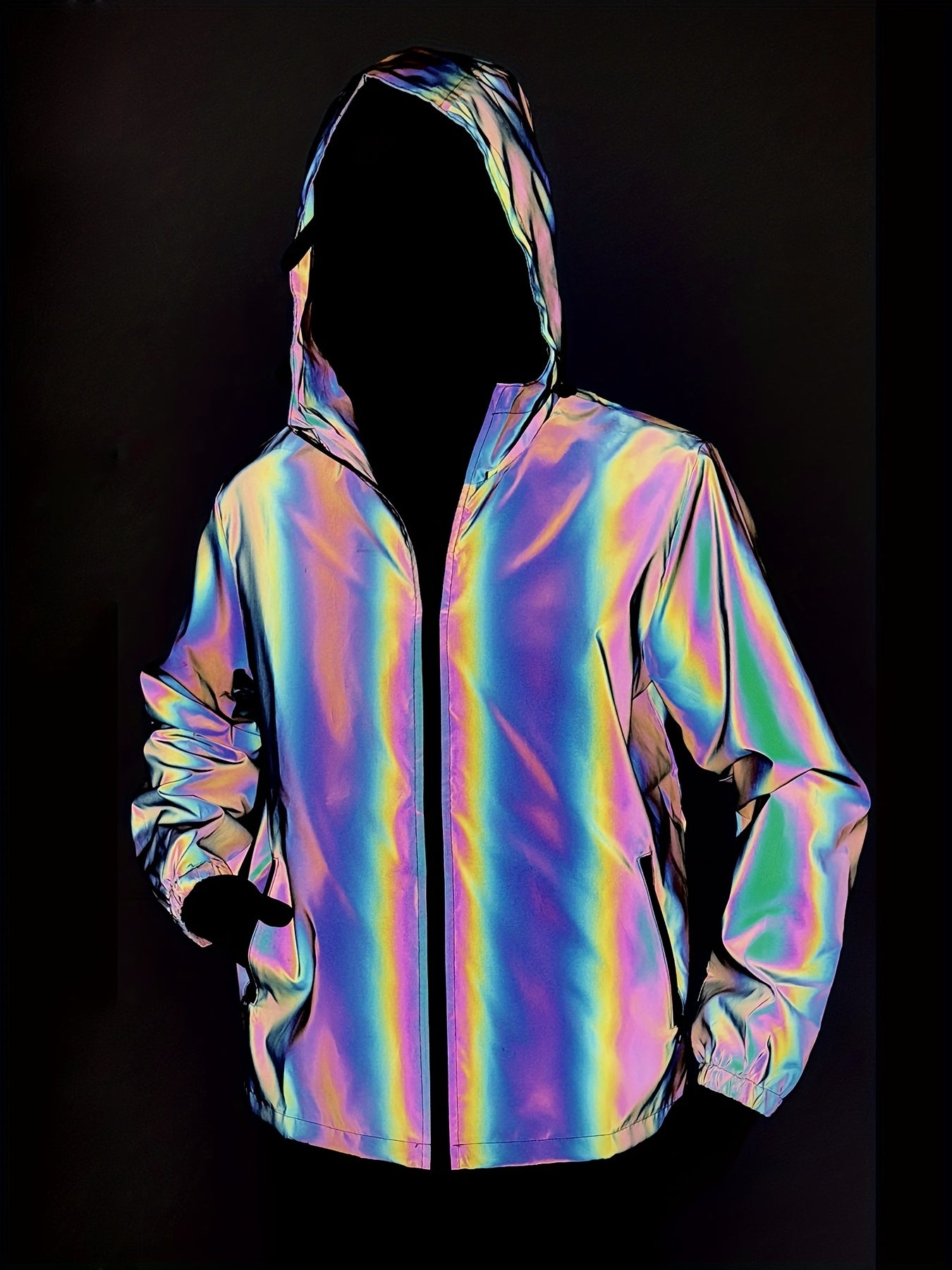 Men'S Reflective Rainbow Hooded Jacket - Stylish Casual Streetwear with Zipper Front, Long Sleeves, and Pockets for Spring & Fall, Spring Jacket | Iridescent Finish | Glossy Finish, Reflective Jacket