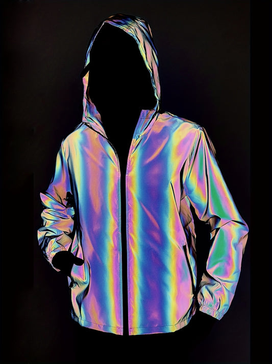 Men'S Reflective Rainbow Hooded Jacket - Stylish Casual Streetwear with Zipper Front, Long Sleeves, and Pockets for Spring & Fall, Spring Jacket | Iridescent Finish | Glossy Finish, Reflective Jacket