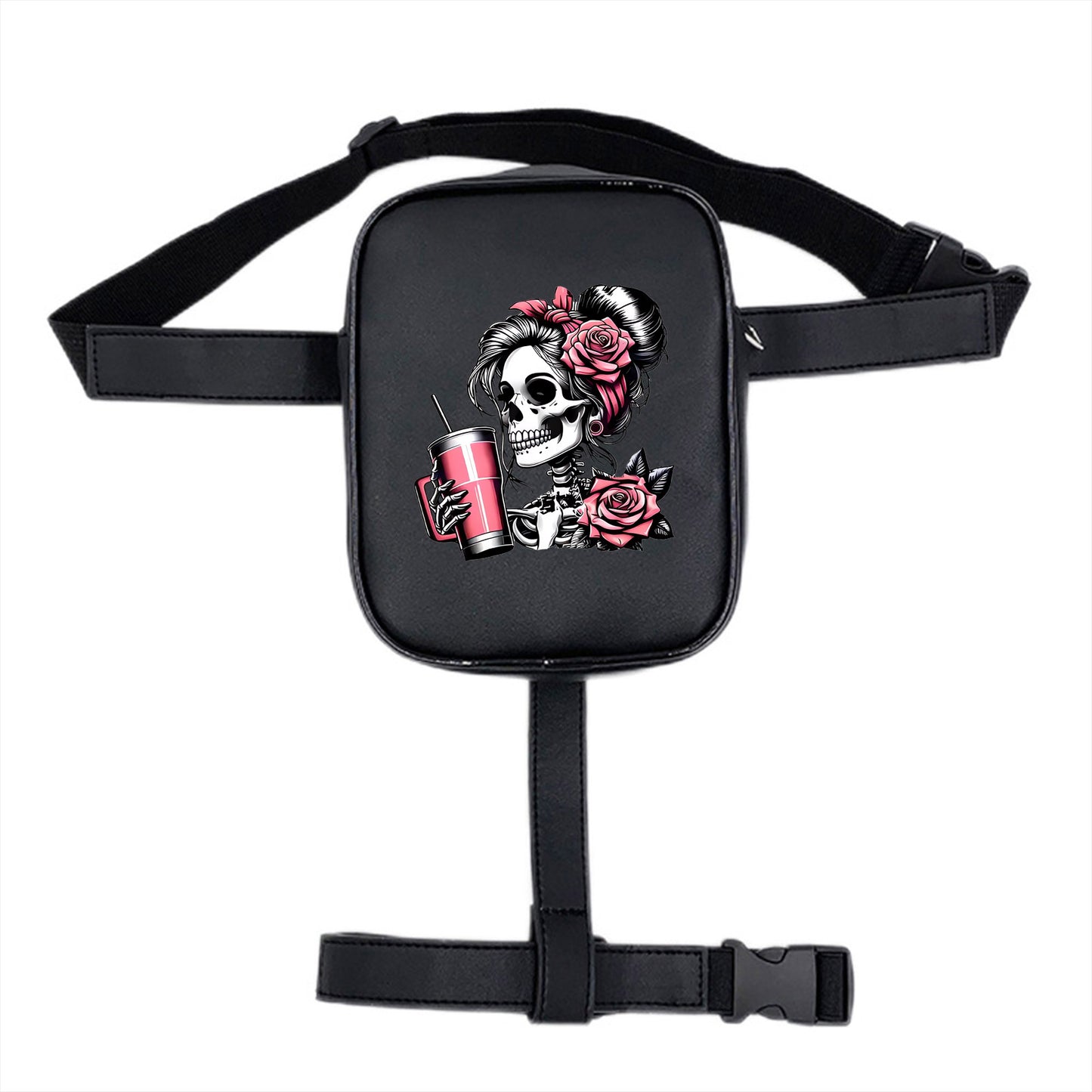 Gothic Skull Print Adjustable Waist Bag - Lightweight Foldable Nylon Sports Pack for Running Cycling Fitness, Black with Pink Roses & Straws Design, Multi-Functional Phone Storage Mini Leg Pack, Cycling Storage Bag | Edgy Fas