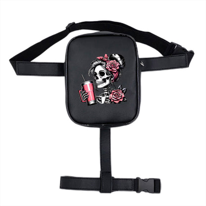 Gothic Skull Print Adjustable Waist Bag - Lightweight Foldable Nylon Sports Pack for Running Cycling Fitness, Black with Pink Roses & Straws Design, Multi-Functional Phone Storage Mini Leg Pack, Cycling Storage Bag | Edgy Fas