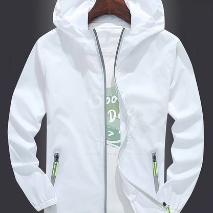 Men's Zip-Up Hooded Jacket - Breathable Reflective Outerwear for Gym, Cycling, Hiking & Beach Use - Lightweight Spring/Summer/Autumn Outdoor Wear with Zippered Storage Design. High-Quality Unisex Hoodie Perfect for Water Spor