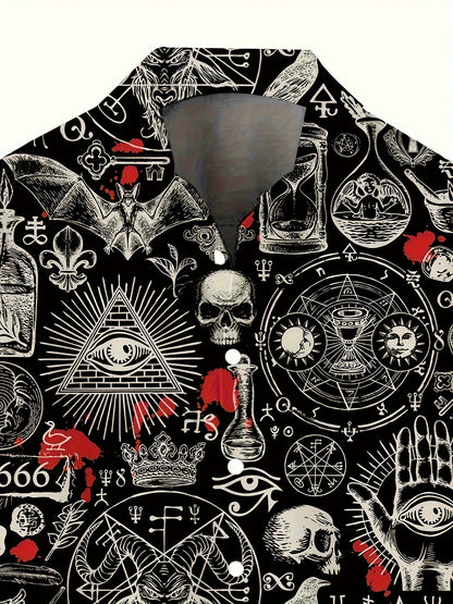 Men's Vintage Skull & Bat Print Short Sleeve Button-Up Shirt - Casual Polyester, Machine Washable - Perfect for Streetwear & Holidays, Novelty Fashion Top