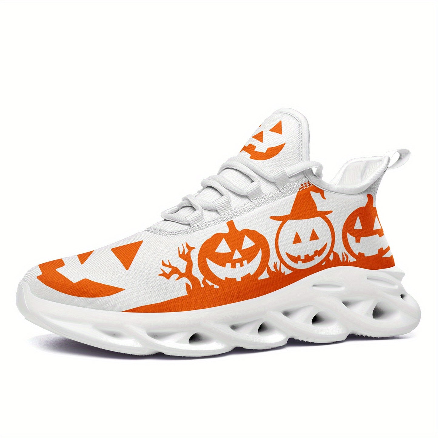 [Halloween Sneakers] Women's Halloween Sneakers - Orange Pumpkin Jack-o'-Lanterns, Lace-Up Trick Treat Shoes, Plus Size Available - All-Season Casual Shoes for Halloween Parties, Casual Attire & Costume Outfits - Lightweight