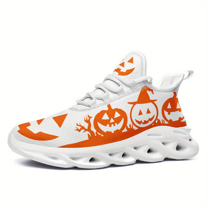 [Halloween Sneakers] Women's Halloween Sneakers - Orange Pumpkin Jack-o'-Lanterns, Lace-Up Trick Treat Shoes, Plus Size Available - All-Season Casual Shoes for Halloween Parties, Casual Attire & Costume Outfits - Lightweight