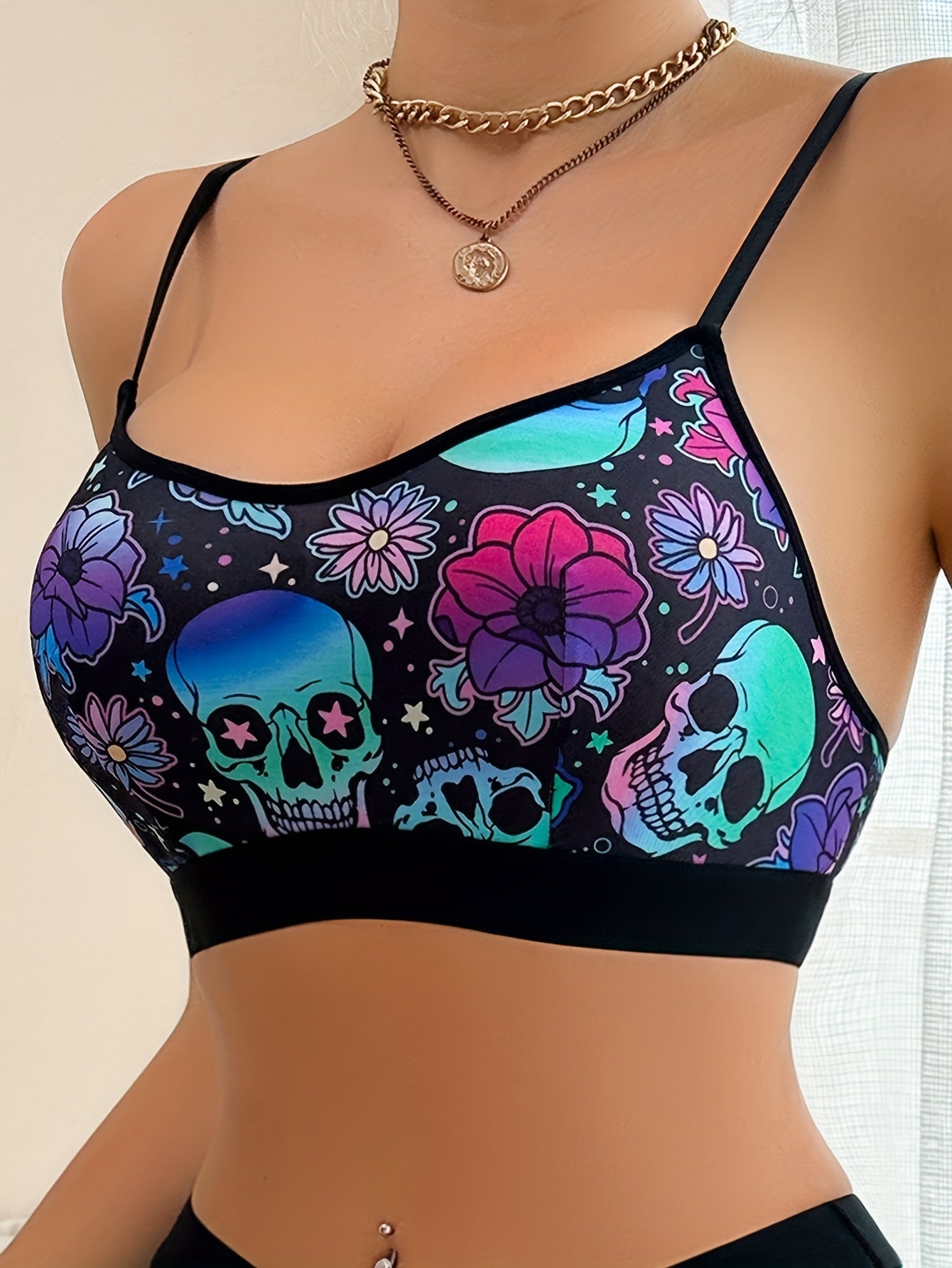 Women'S Halloween Floral Skull Print Bra, Comfortable Wireless Polyester 90% Elastane 10% Knit Fabric, Party Style, No Padding, 180gsm - Adult Size