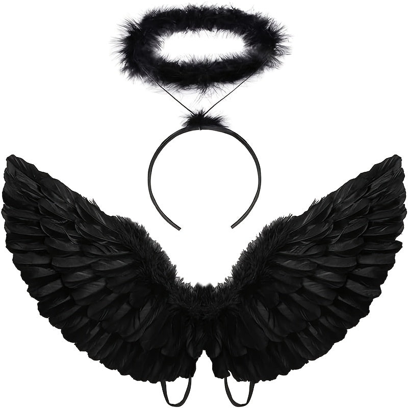 Angel Wings with Halo Costume - Black & White Halloween, Christmas, And Party Costume Accessory for Costume Parties, Halloween Costumes, Festive Attire, Elegant Design, Intricate Detailing for Halloween, Christmas Event & Par