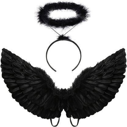 Angel Wings with Halo Costume - Black & White Halloween, Christmas, And Party Costume Accessory for Costume Parties, Halloween Costumes, Festive Attire, Elegant Design, Intricate Detailing for Halloween, Christmas Event & Par