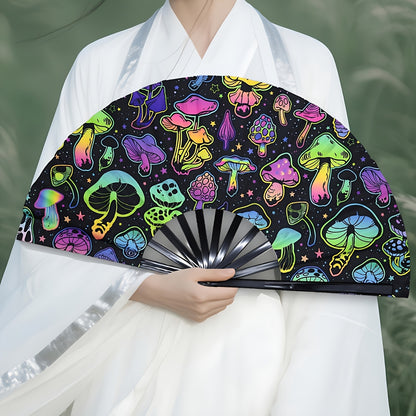 33.02cm Glow-in-the-Dark Mushroom Folding Fan - Vibrant Neon Psychedelic Design, Handheld PP Material for Parties, Raves, Halloween, Concerts, Cosplay & Themed Events - No Battery Needed, Mushroom Decor