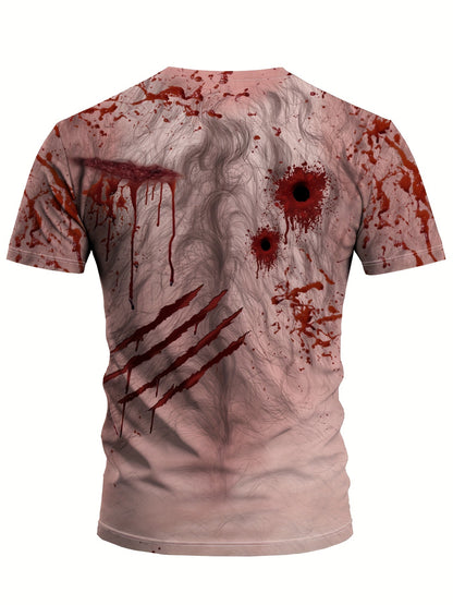 Men's Blood Splatter Print T-Shirt, Casual Round Neck Short Sleeve Tee, Halloween Party Top, Polyester, Regular Fit, Summer Fashion, Adult Unisex