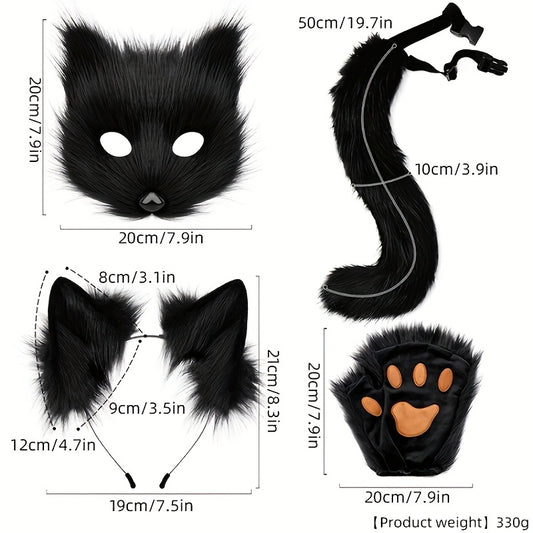[Halloween Christmas] 4pcs Set, Adjustable Faux Fox Fur Mask Costume - Bendable Tail, Ears Headband and Gloves - Halloween/Christmas Role Play, Carnival Party, Without Battery