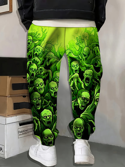 Men's 3D Zombie Horde Print Joggers - Neon Green Casual Pants with Drawstring Waist & Pockets, Full-Body Graphic Design, Regular Fit for Lounge, Gym, or Streetwear - Machine Washable, Jogging Pants, Adjustable Comfort Fit