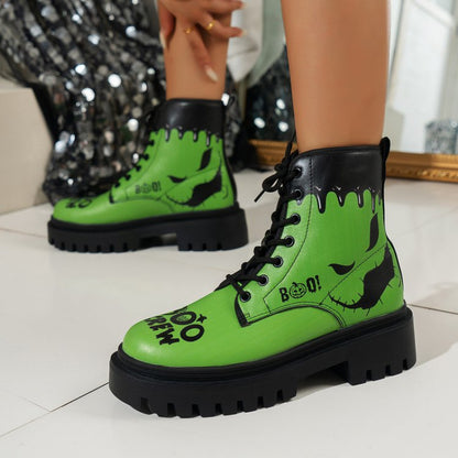 Trendy Plus Size Women's Halloween Print Lace-Up Boots - Thick Low Heel Round Toe PU Cover Short Boots with Rubber Sole, All-Season Comfort for Casual & Festive Occasions