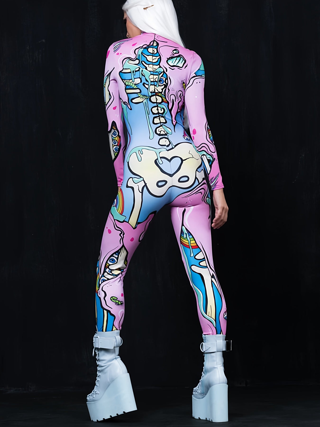 Women's Cute Spooky Skull 3D Print Gothic Halloween Costume Bodysuit for Carnival Holiday Party Cosplay