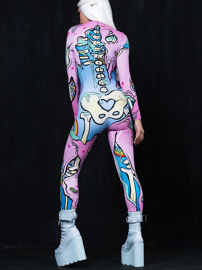 Women's Cute Spooky Skull 3D Print Gothic Halloween Costume Bodysuit for Carnival Holiday Party Cosplay