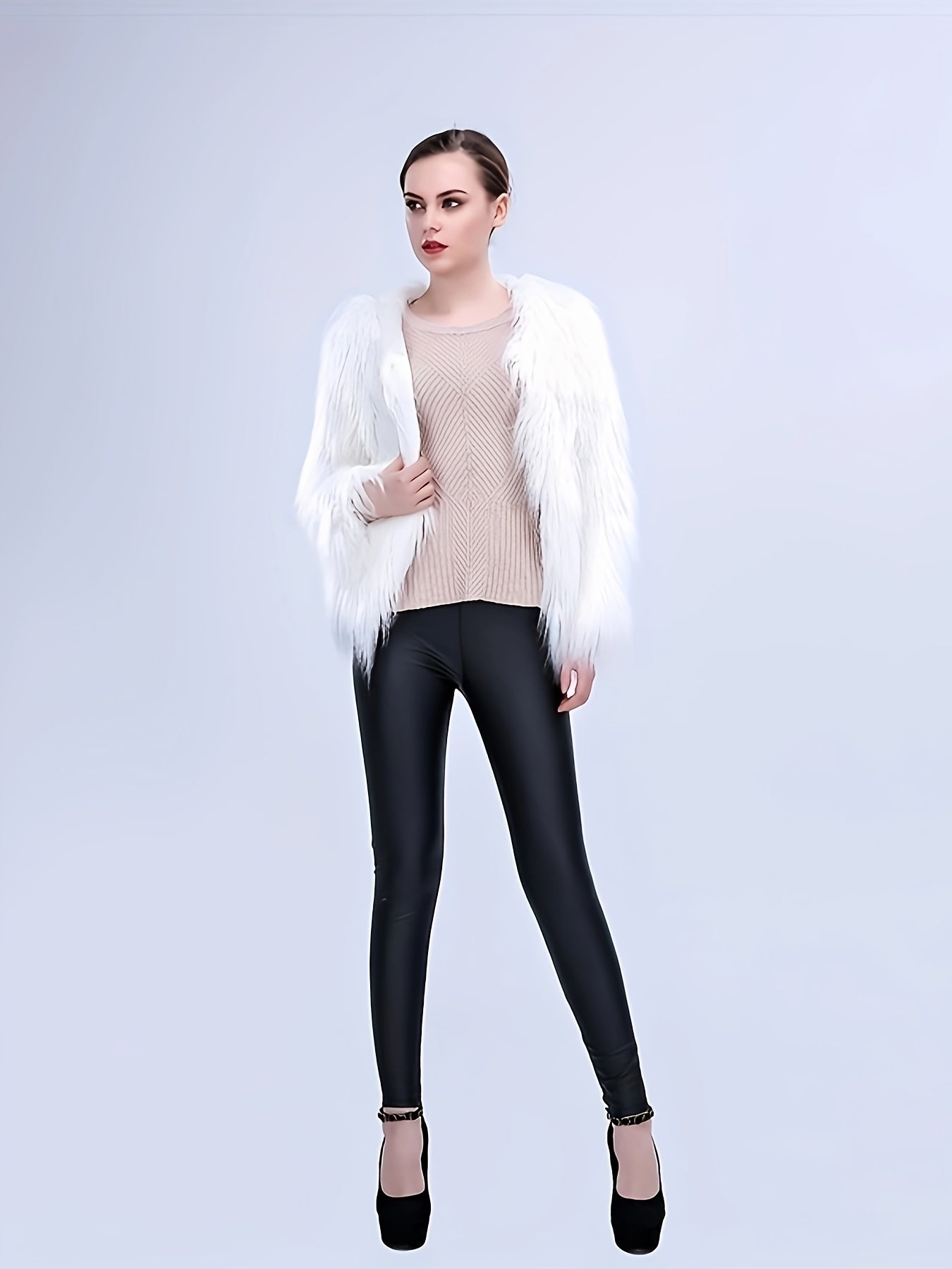 Elegant LED Faux Fur Coat for Women - Fashionable, Night-Lighting, Fall/Winter, Polyester, Non-Stretch, Solid Color, Regular Sleeve, Long Sleeve, No Belt, Pocket, Single Breasted Placket, Weekend Casual, Regular Fit, Adult, A