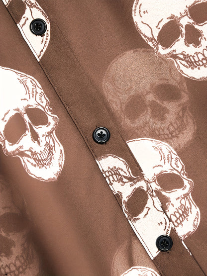 Women'S Elegant Halloween Skull Print Shirt, 100% Polyester Linen Blend, All-Season Lapel Collar, Woven Fabric, 180gsm - Adult Fashion Top