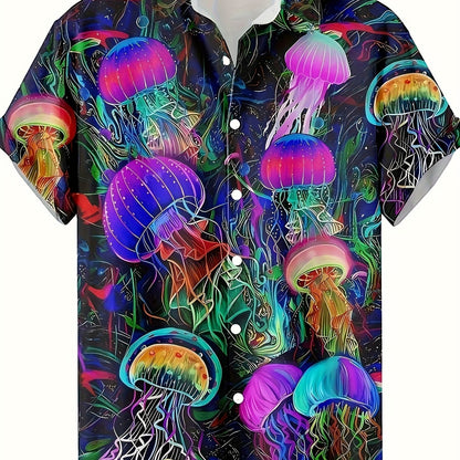 Men's Hawaiian Shirt - Bold Neon Glow Party Beach Shirt, Loose Fit Button-Up Summer Shirt with Non-Transparent Fabric for Nightclub, Casual Outings - Machine Washable, Nightclub Attire, Vibrant Print Quality
