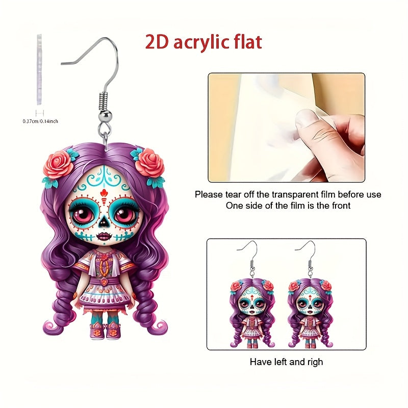 2D Flat, 8 Pairs/set Sugar Skull Acrylic Earrings Accessories Cute Pendant, Suitable for Fan Gifts Jewelry, 2D Flat