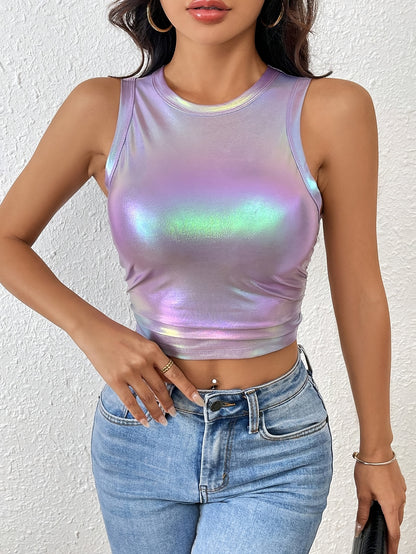 Women'S Fashion Metallic Holographic Crop Top, Polyester 97% Spandex 3% Knit Fabric, Crew Neck Sleeveless Pullover Vest for All Seasons
