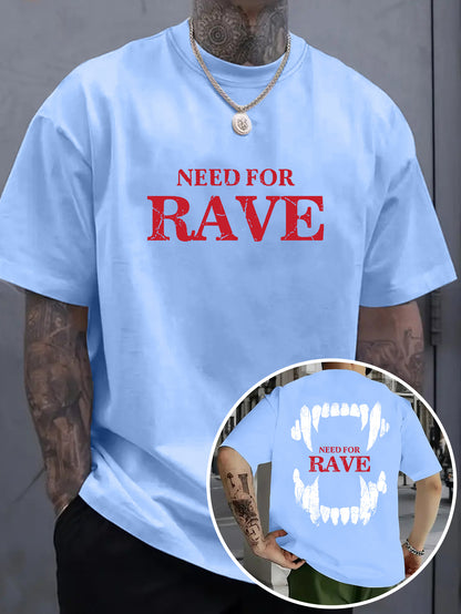 Men's Casual Graphic T-Shirt - "NEED for RAVE" Print, Light Purple, Loose Fit, Breathable Fabric, Street Style Short Sleeve Tee for Summer, Festive Clothing | Bold Print Shirt | Comfortable Wear