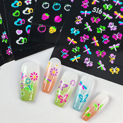 24 Sheets 3D Glow in The Dark Neon Nail Stickers Glittery Glossy Self-Adhesive Nail Art Stickers Butterfly Love Heart Flower Nail Art Decoration for Women Girl DIY Nail Art Deco