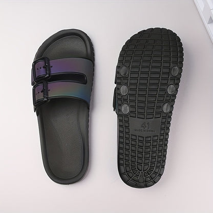 Unisex Fashion Slide Sandals | Adjustable Buckle Straps | Reflective Rainbow Holographic Design | Ultra-Fine Microfiber & EVA Sole | Non-Slip, Durable | Versatile Indoor/Outdoor Use, Strappy Sandals