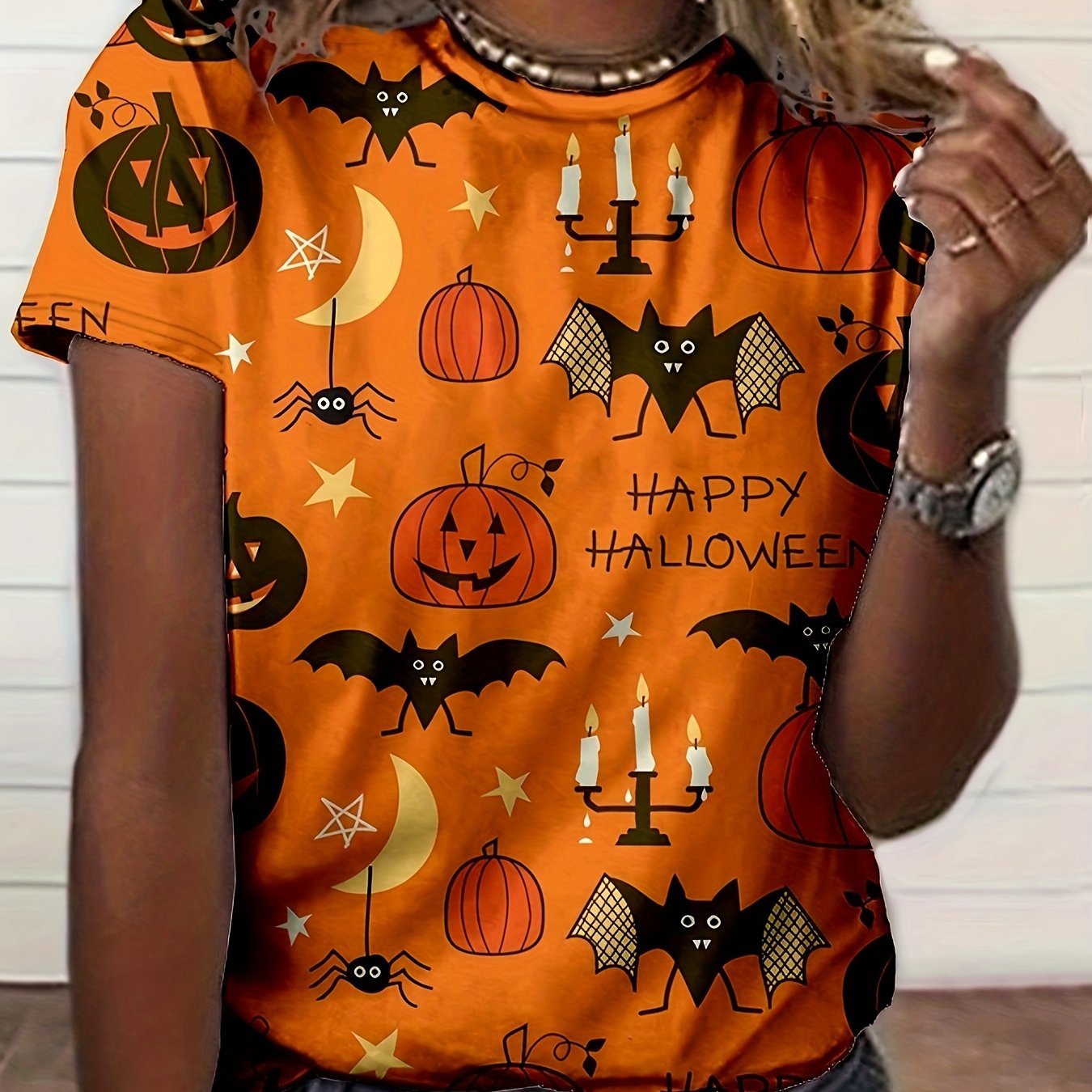 Women's Halloween Graphic T-Shirt - 3D Digital Print Spooky Pumpkin Bat Design, Casual Short Sleeve Round Neck Summer Top, Machine Washable Regular Fit for Halloween Party & Casual Attire, Festive Event Clothing, Durable Prin